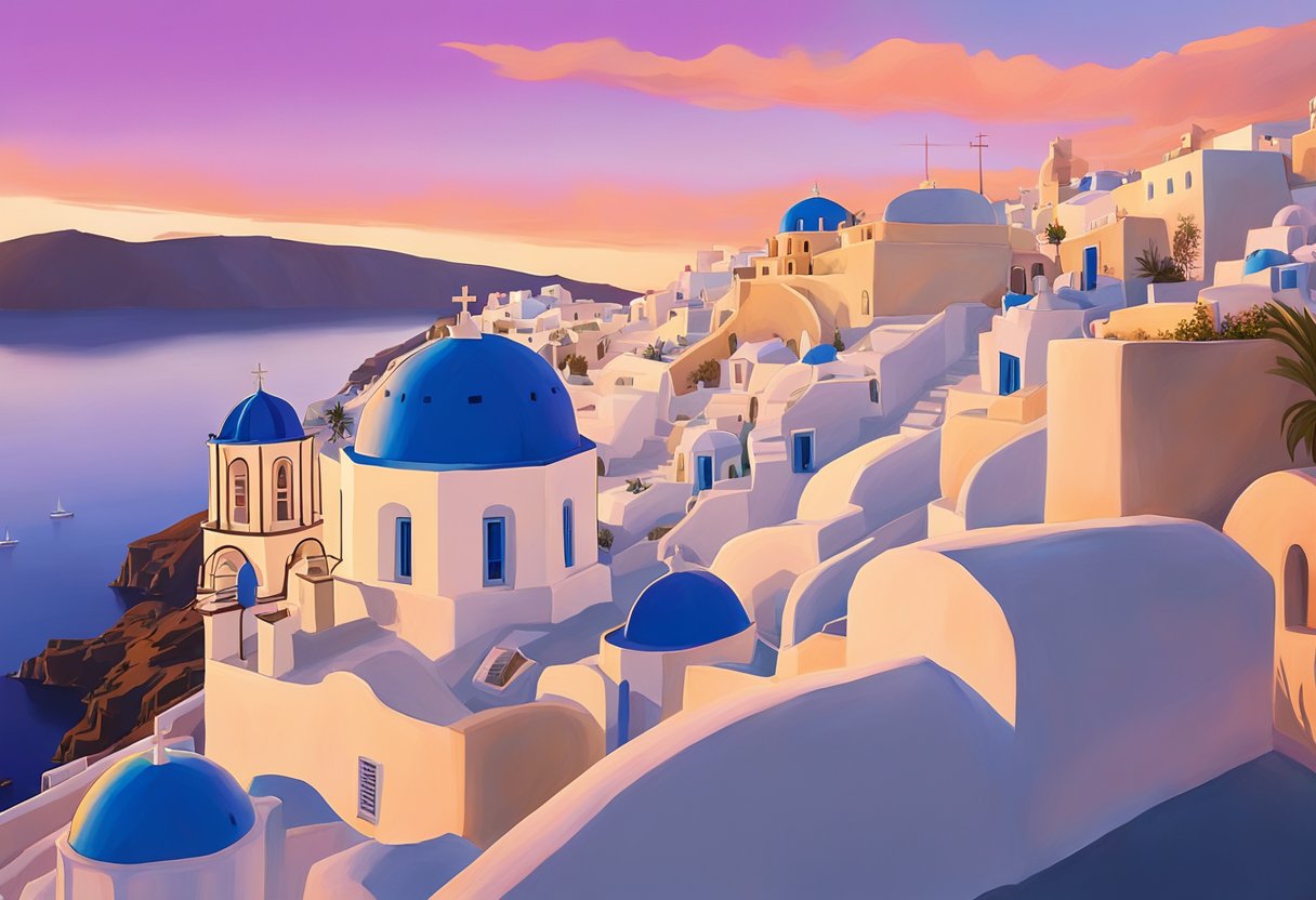 The sun dips below the horizon, casting a warm glow over the iconic white buildings and blue-domed churches of Santorini. The sky is painted in vibrant hues of orange, pink, and purple, creating a breathtaking backdrop for the picturesque island