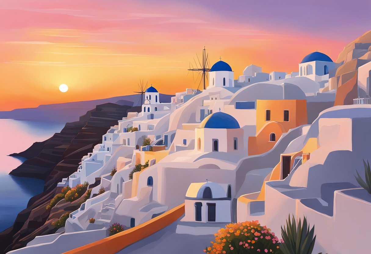Vibrant hues of orange and pink illuminate the sky, reflecting off the calm waters of Santorini. The sun dips below the horizon, casting a warm glow over the iconic white buildings perched on the cliffs