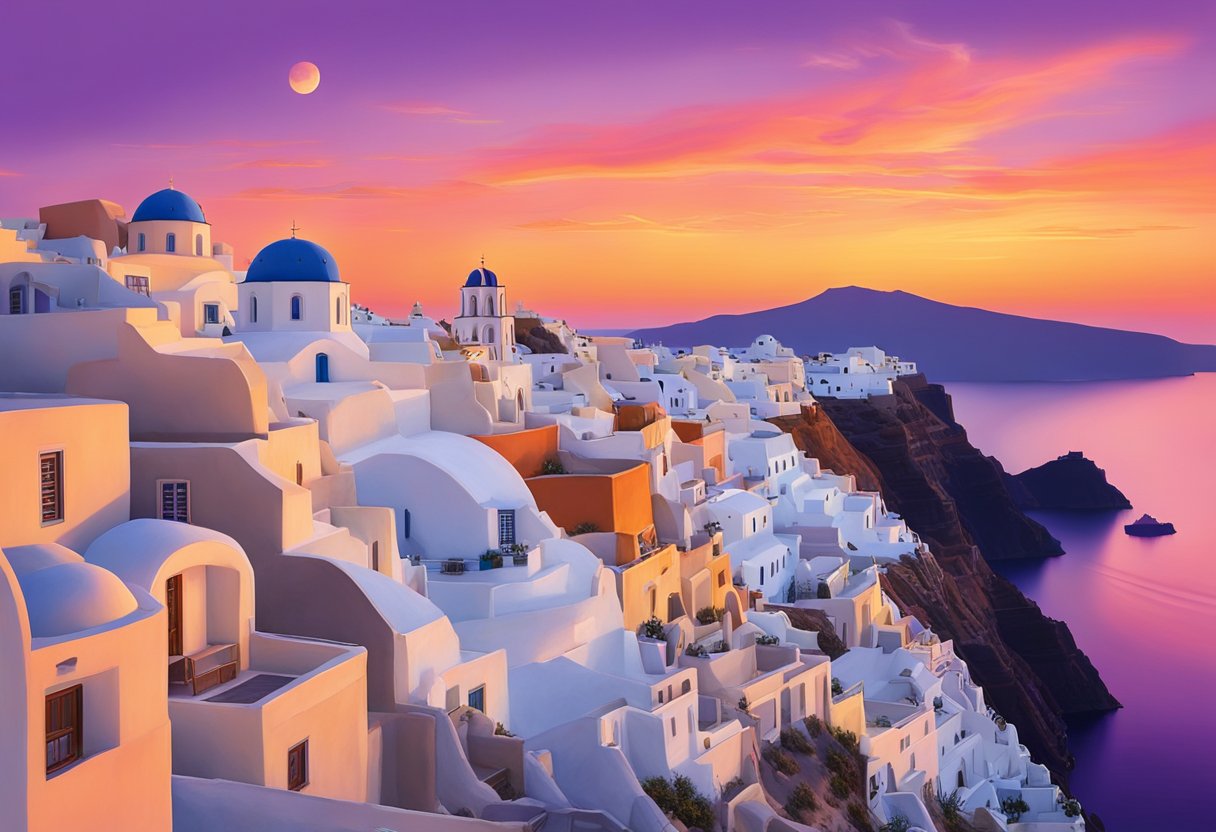 The sun dips below the horizon, casting a golden glow over the iconic white buildings of Santorini. The sky is painted in vibrant hues of orange, pink, and purple, creating a mesmerizing and magical sunset scene