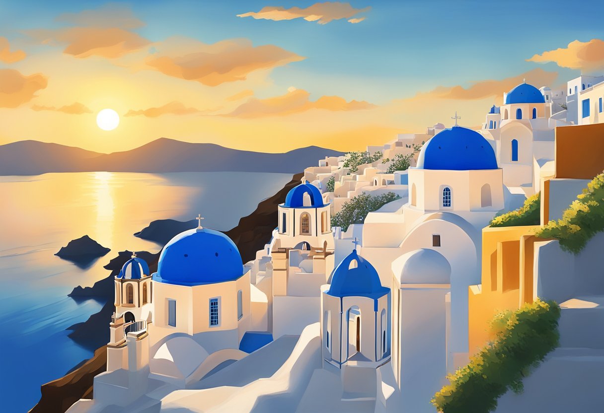 The sun sets behind the iconic blue-domed buildings of Santorini, casting a warm glow over the white-washed walls and creating a magical atmosphere