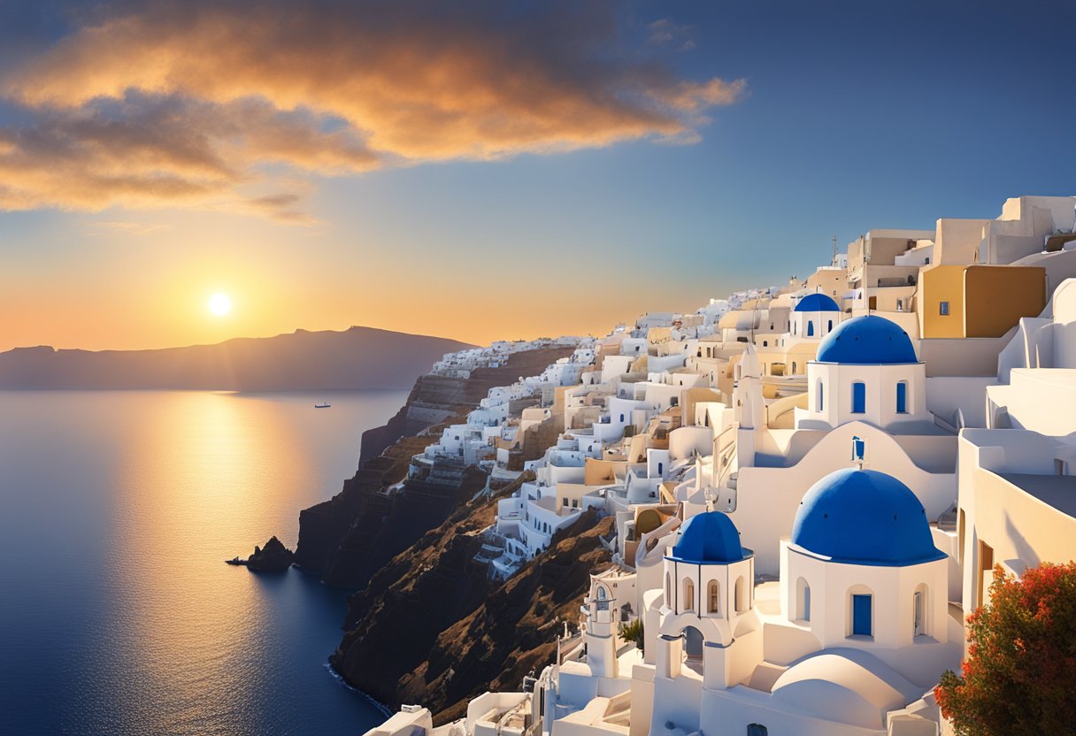 The sun dips below the horizon, casting a warm glow over the white-washed buildings and blue domes of Santorini. The sea shimmers in the fading light, as boats sail towards the setting sun