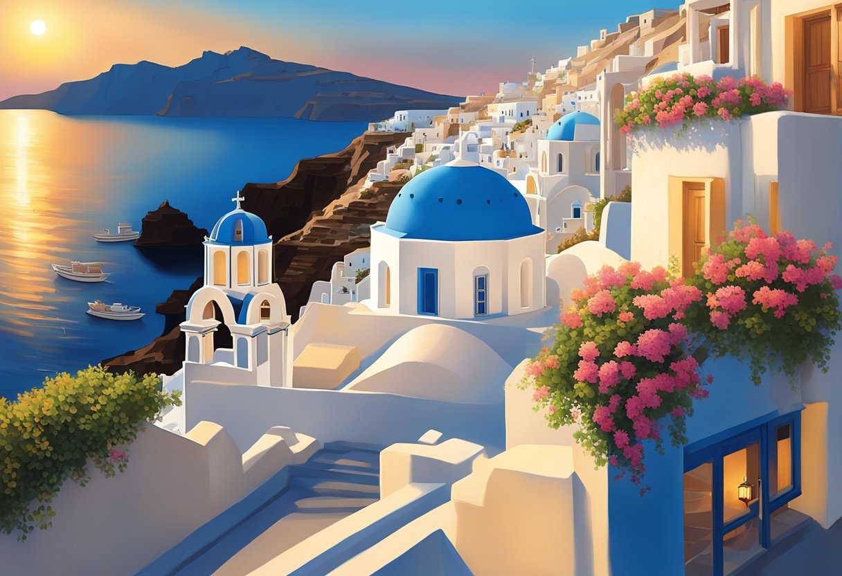 The sun sets over the iconic blue domes of Santorini, casting a warm glow over the local restaurants and their outdoor dining areas. The aroma of traditional Greek cuisine fills the air as diners enjoy the magical sunset view