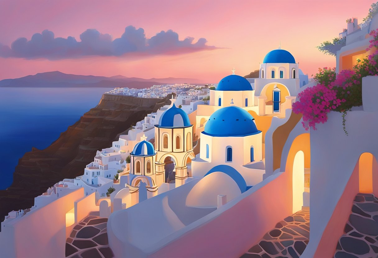 A cozy terrace overlooks the Aegean Sea as the sun sets behind the iconic white buildings of Santorini. The sky is painted in shades of pink, orange, and gold, creating a magical and enchanting atmosphere