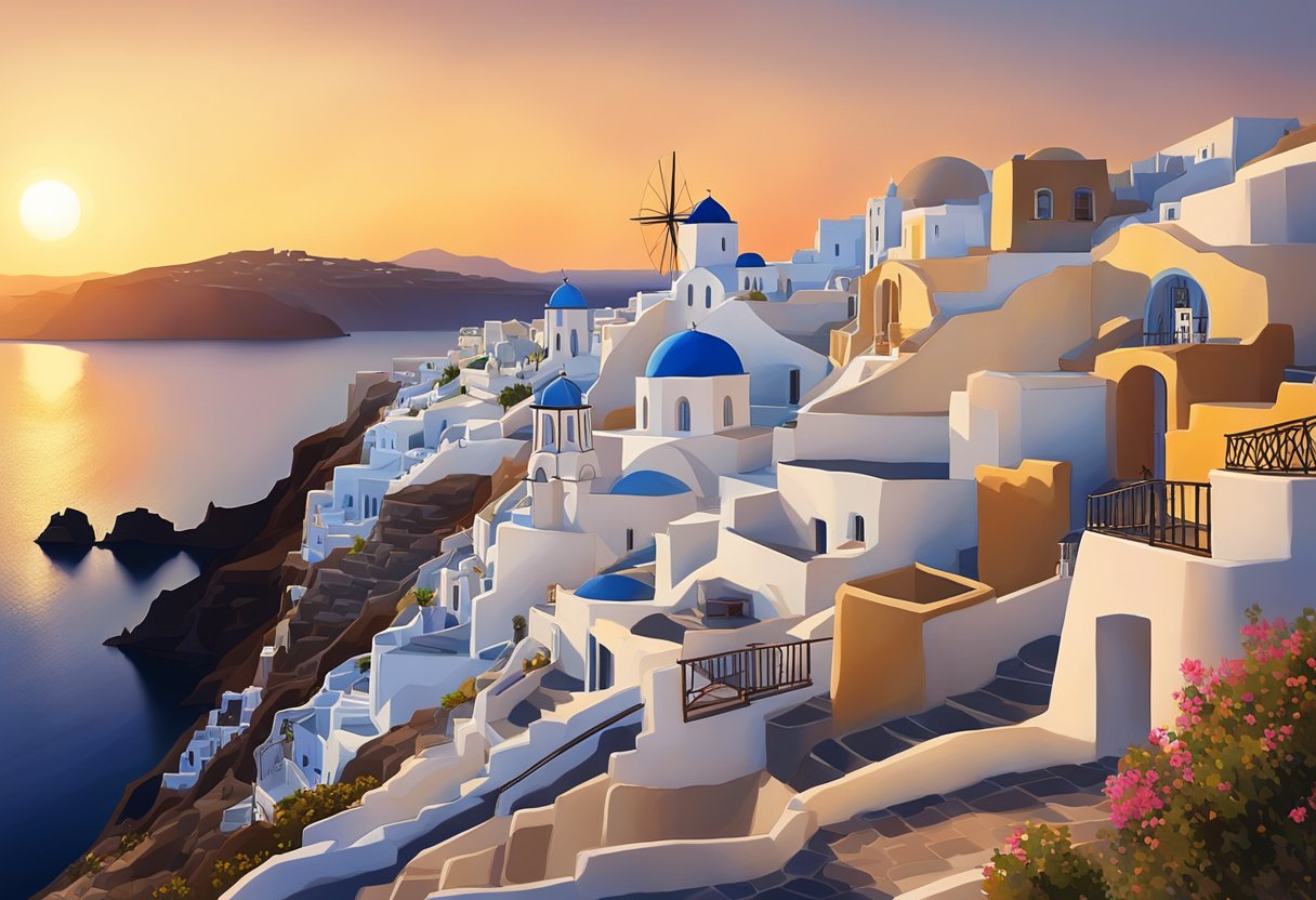 The sun dips below the horizon, casting a warm glow over the white-washed buildings of Santorini. The sea shimmers in the fading light, as the island's beauty is preserved for future generations