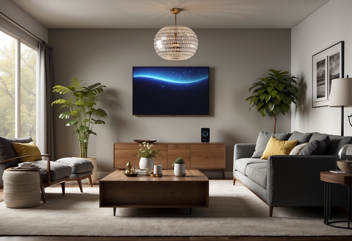 A modern living room with Core Smart Home Products: smart lights, thermostat, security camera, and voice assistant