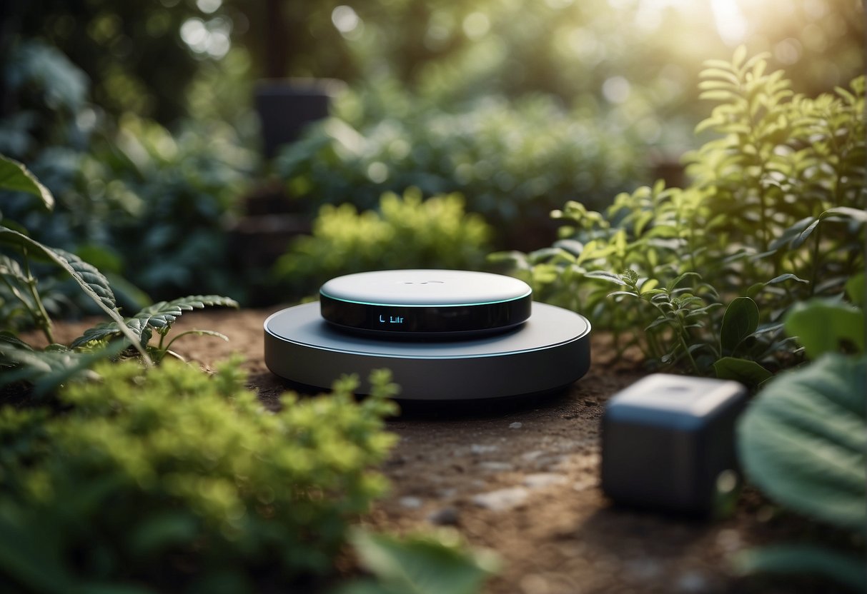 A lush garden with various smart home devices seamlessly integrated into the natural environment, showcasing the harmony between technology and ecosystems