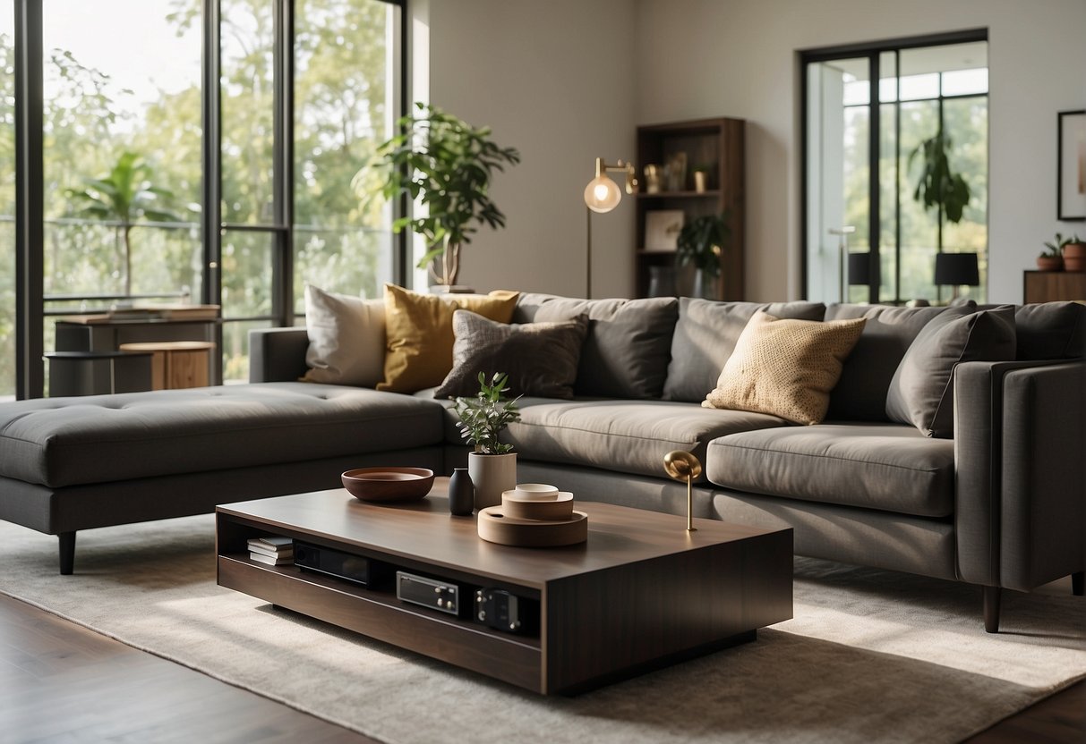 Smart home devices interact with each other in a modern living room, including voice-controlled assistants, automated lighting, and security cameras