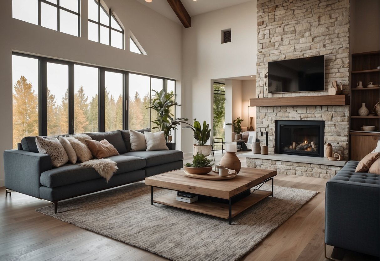 A modern living room with smart devices: voice-controlled speaker, smart thermostat, security camera, and automated lighting