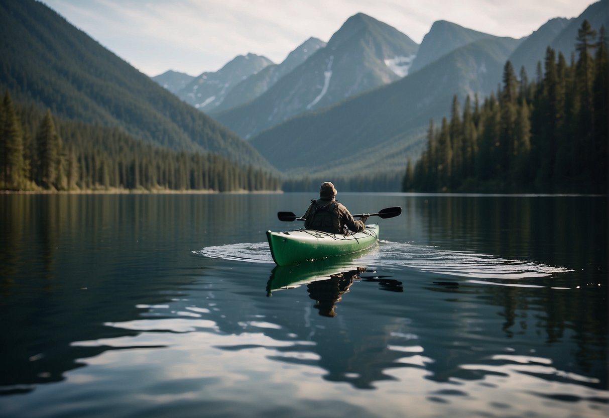 A sleek kayak glides through calm waters, surrounded by dense forest and towering mountains. A hunter sits poised, bow in hand, scanning the tranquil scene for prey