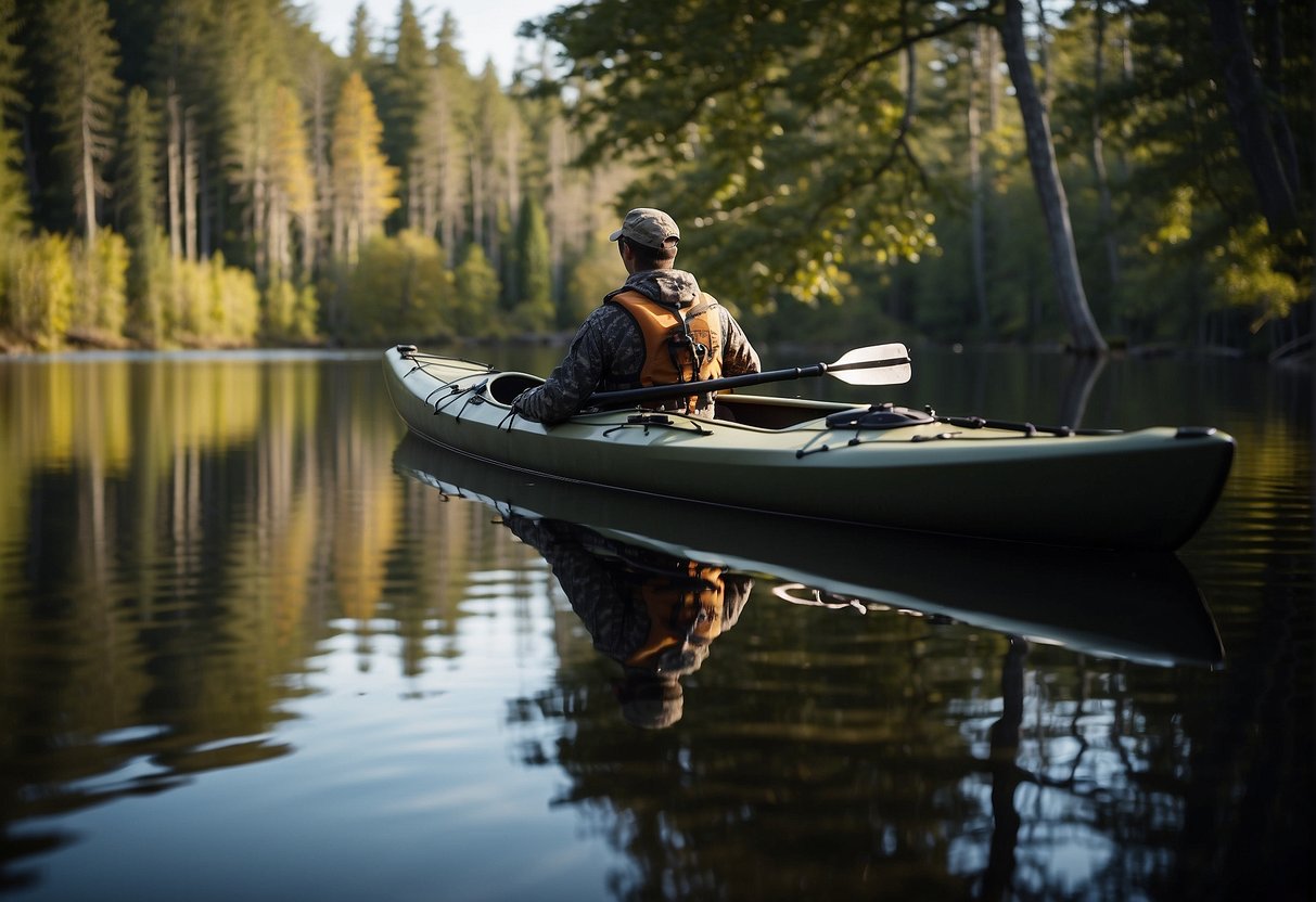 A hunter stands on the edge of a calm, glassy lake, surrounded by dense forest. A sleek, camouflaged hunting kayak is tied to a nearby tree, ready to be launched into the water