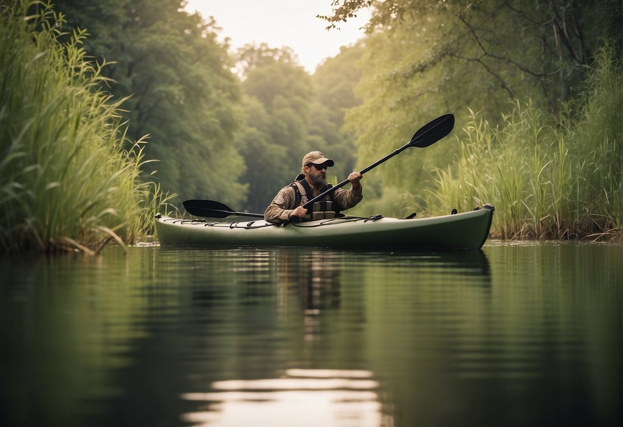 A hunting kayak glides through calm waters, surrounded by dense foliage and tall grasses. A sturdy, camouflaged design with ample storage for hunting gear is prominently featured