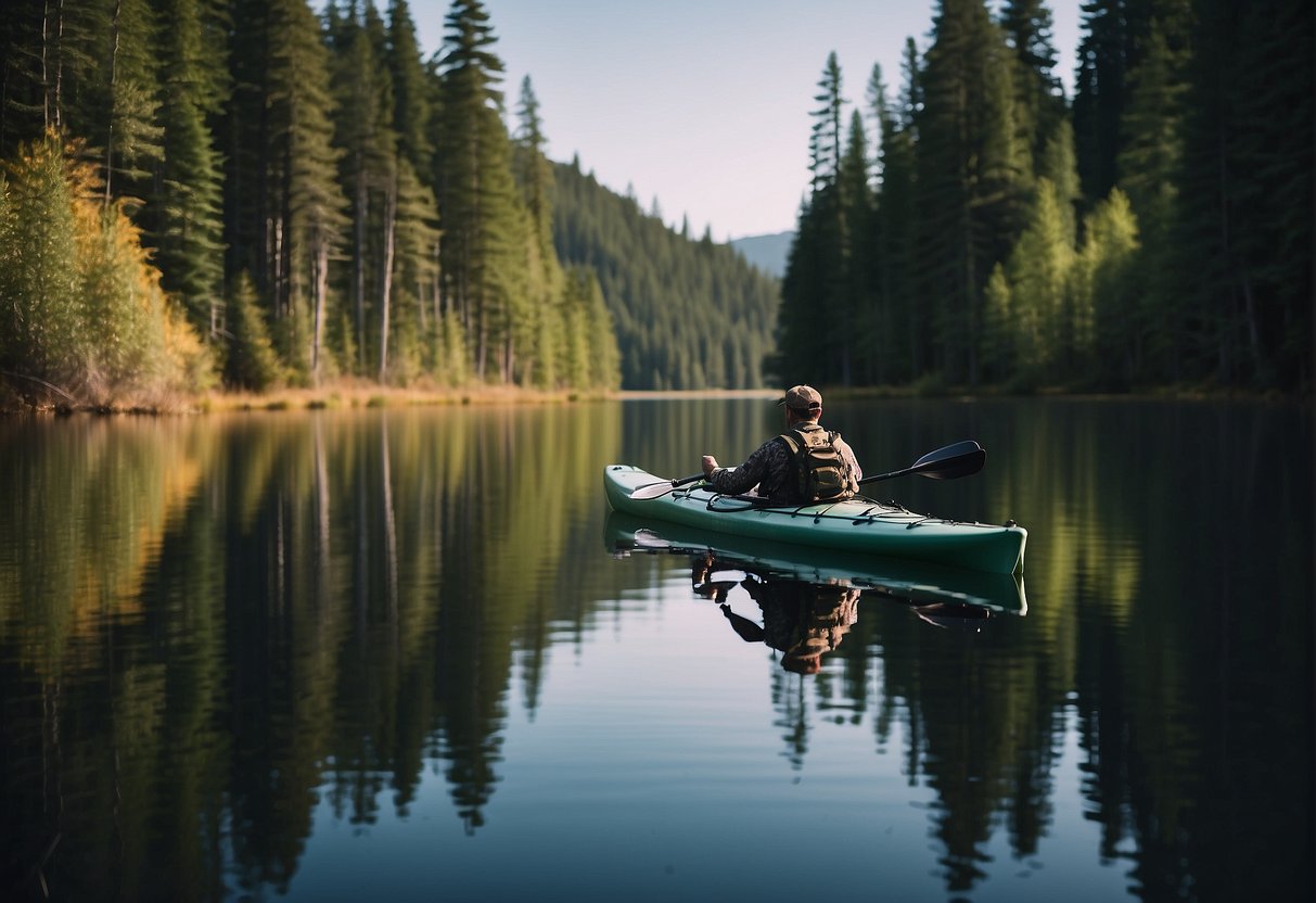 A hunting kayak glides through calm waters, equipped with storage compartments and rod holders. Surrounding scenery includes dense forest and a tranquil lake