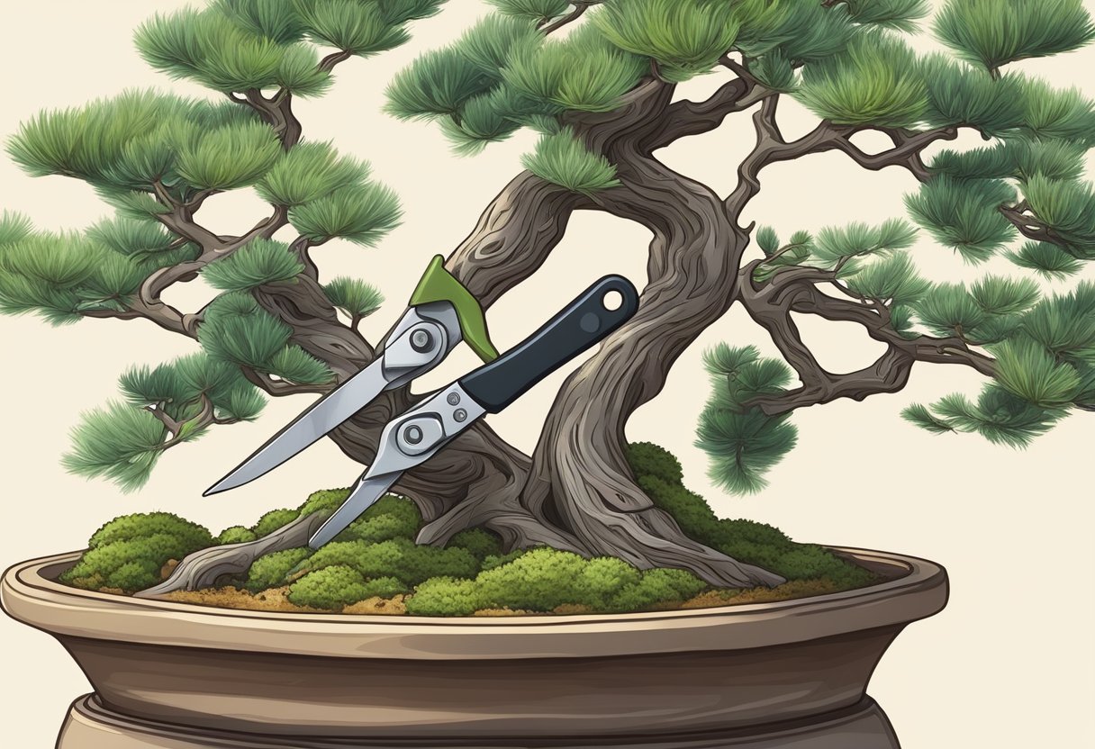 A pair of pruning shears carefully trims the delicate branches of a bonsai tree, shaping it into a miniature masterpiece