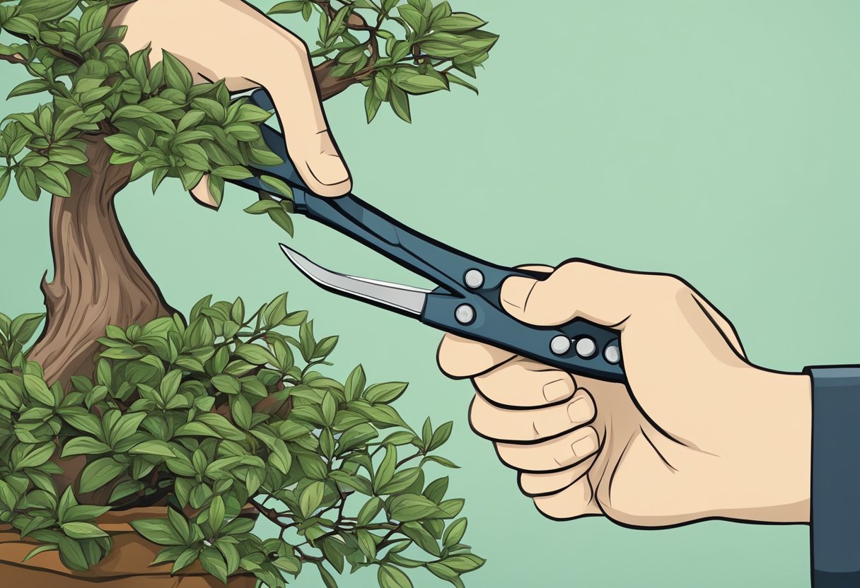 A pair of pruning shears carefully trims the delicate branches of a bonsai tree, following the principles of precise and intentional pruning
