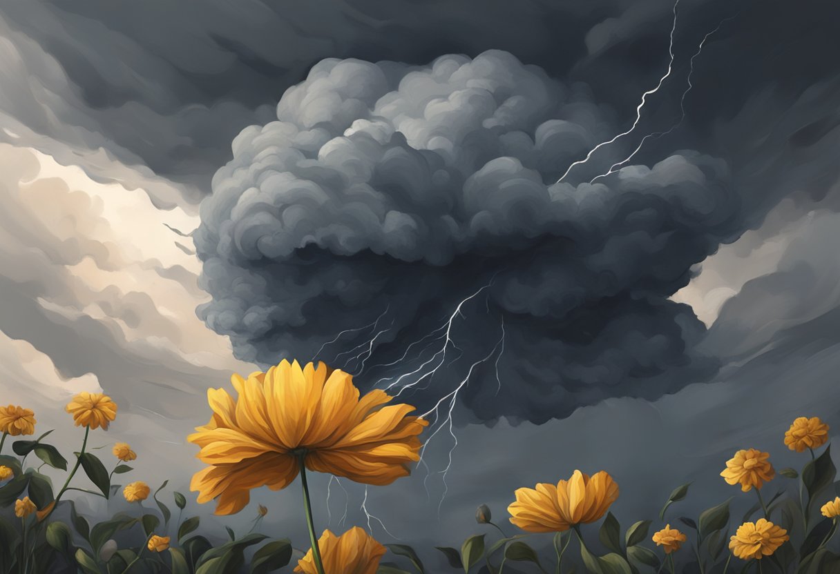 A dark storm cloud hovers over a wilted flower, its petals drooping in despair as the harsh wind whips around it, symbolizing emotional abuse