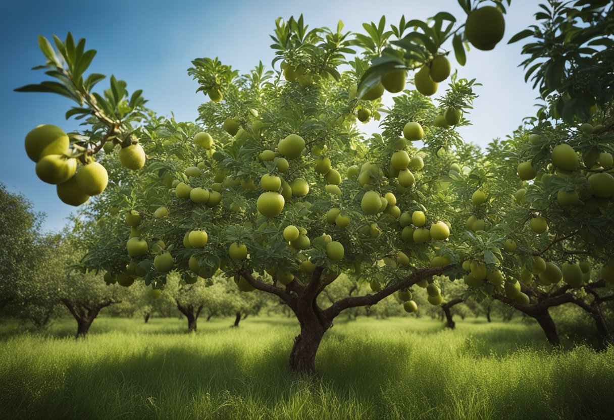 A tall gob (jujube) tree stands in a lush garden, its branches heavy with ripe fruit, providing the key ingredient for Qasil Powder