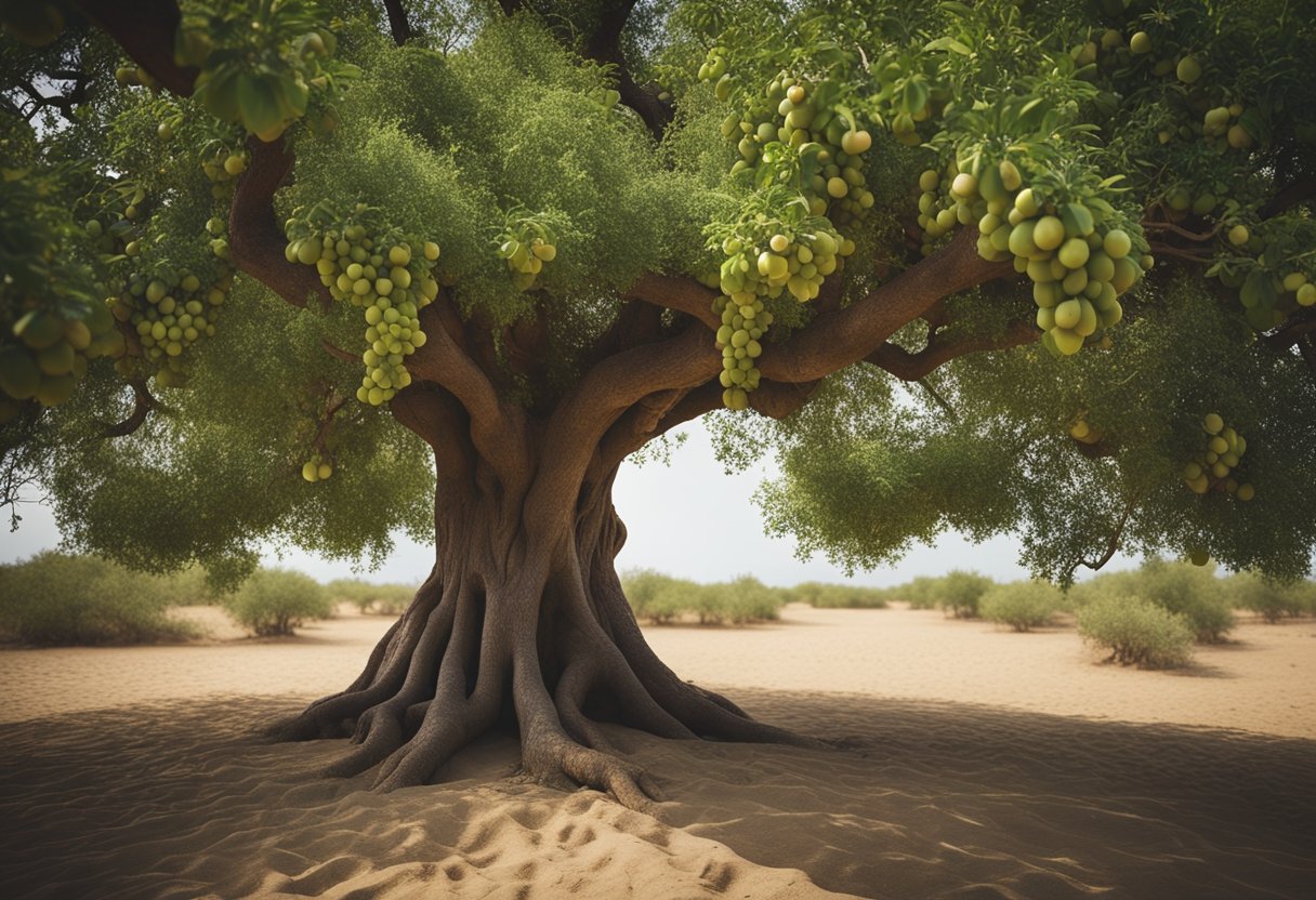 A tall, gnarled Gob (Jujube) tree with green leaves and small, round fruits, standing in a dry, sandy landscape