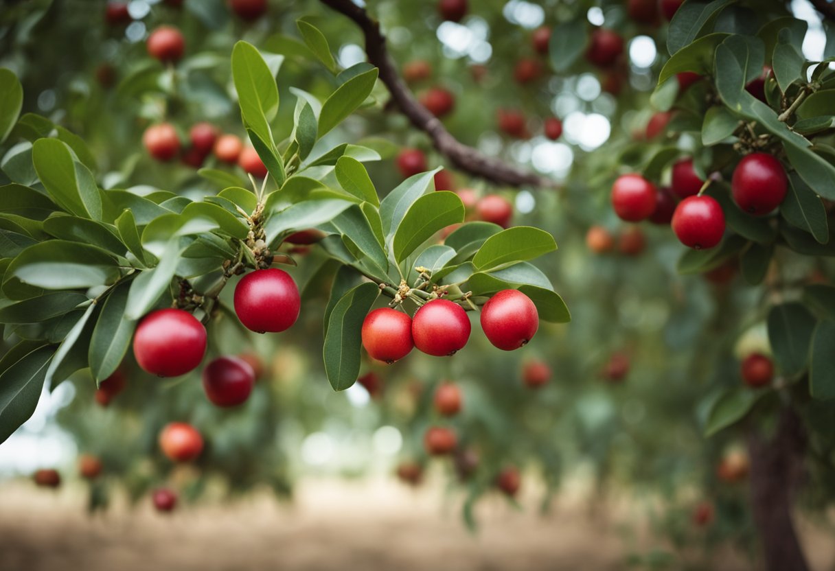 A thriving Gob (Jujube) tree stands tall, bearing ripe fruits. Its branches are laden with small, round, red fruits, ready to be harvested for Qasil Powder