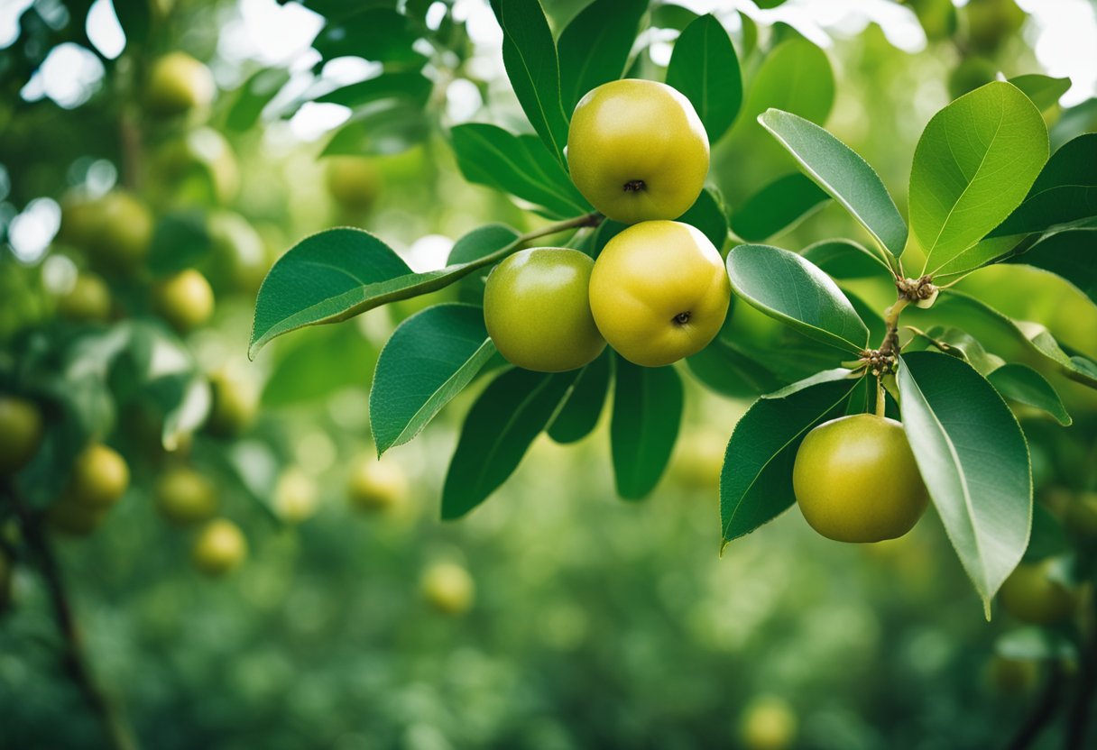 A lush jujube tree stands tall, its branches heavy with ripe fruit. Surrounding it, a diverse array of plants and wildlife thrive in the rich ecosystem it supports