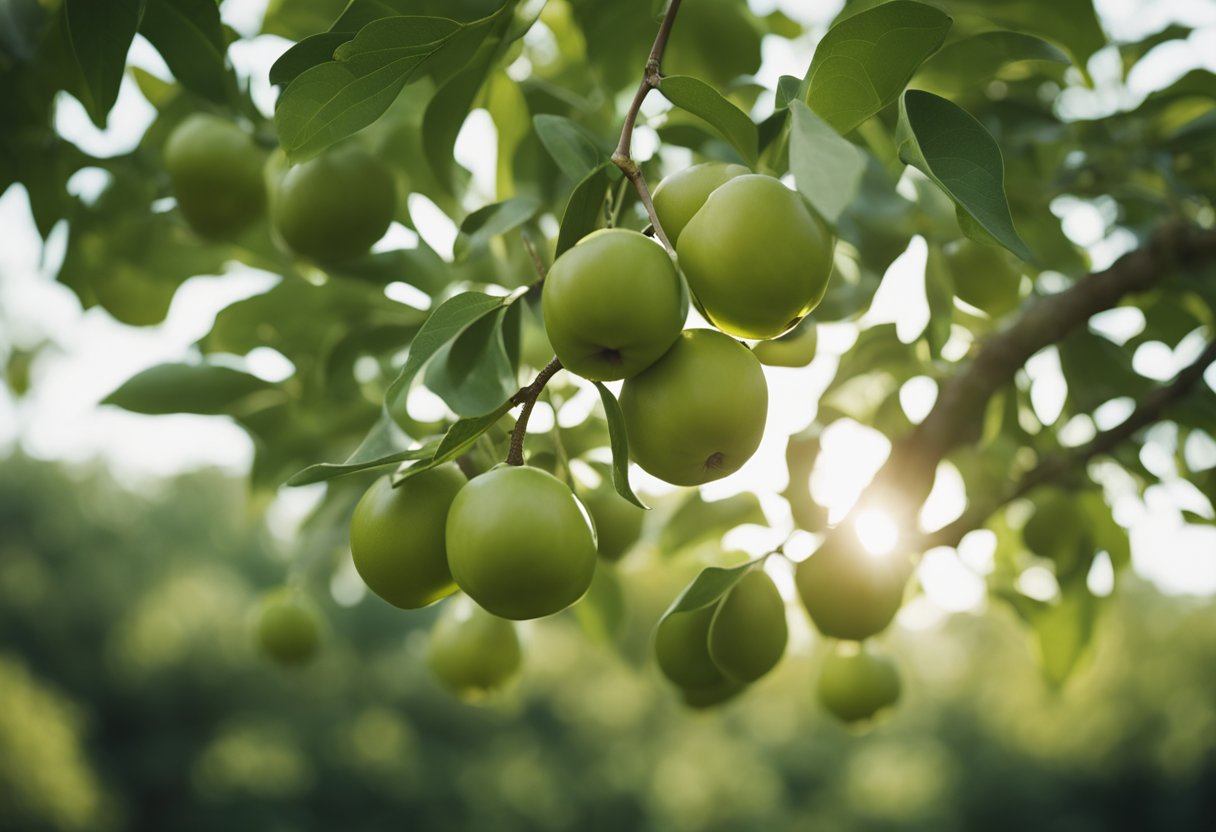 A Jujube tree stands tall, with its branches full of ripe fruit. The leaves rustle in the breeze as the tree basks in the warm sunlight