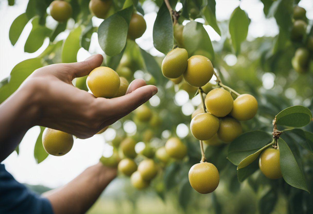 A person harvesting ripe Gob (Jujube) fruit from a tree, with a pile of harvested fruit nearby
