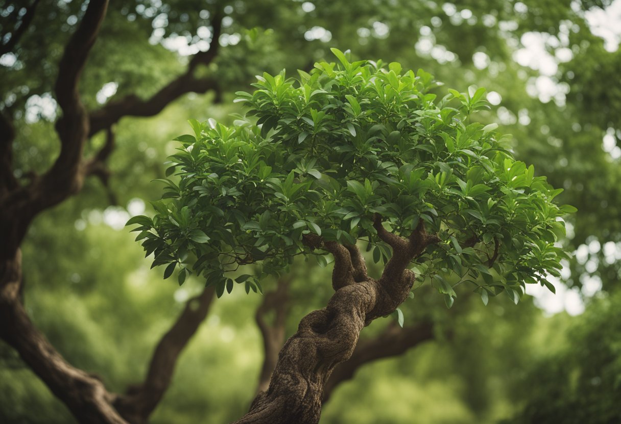 A mature Gob (Jujube) tree stands tall, with gnarled branches and abundant green leaves. Its trunk is thick and sturdy, bearing the marks of age and wisdom