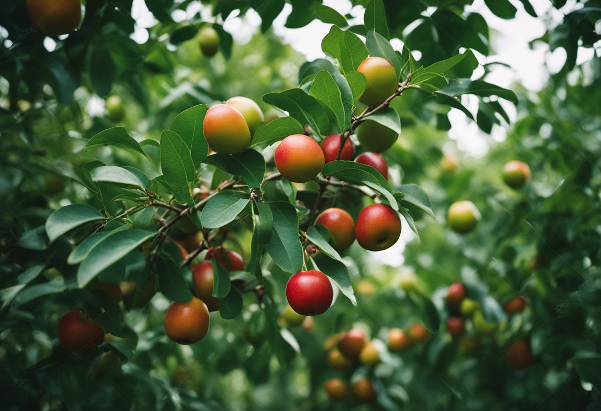 A mature Gob (Jujube) tree stands tall, bearing ripe fruit. Its branches are laden with red, round fruits, ready for harvest. The tree is surrounded by lush green foliage, creating a serene and bountiful scene