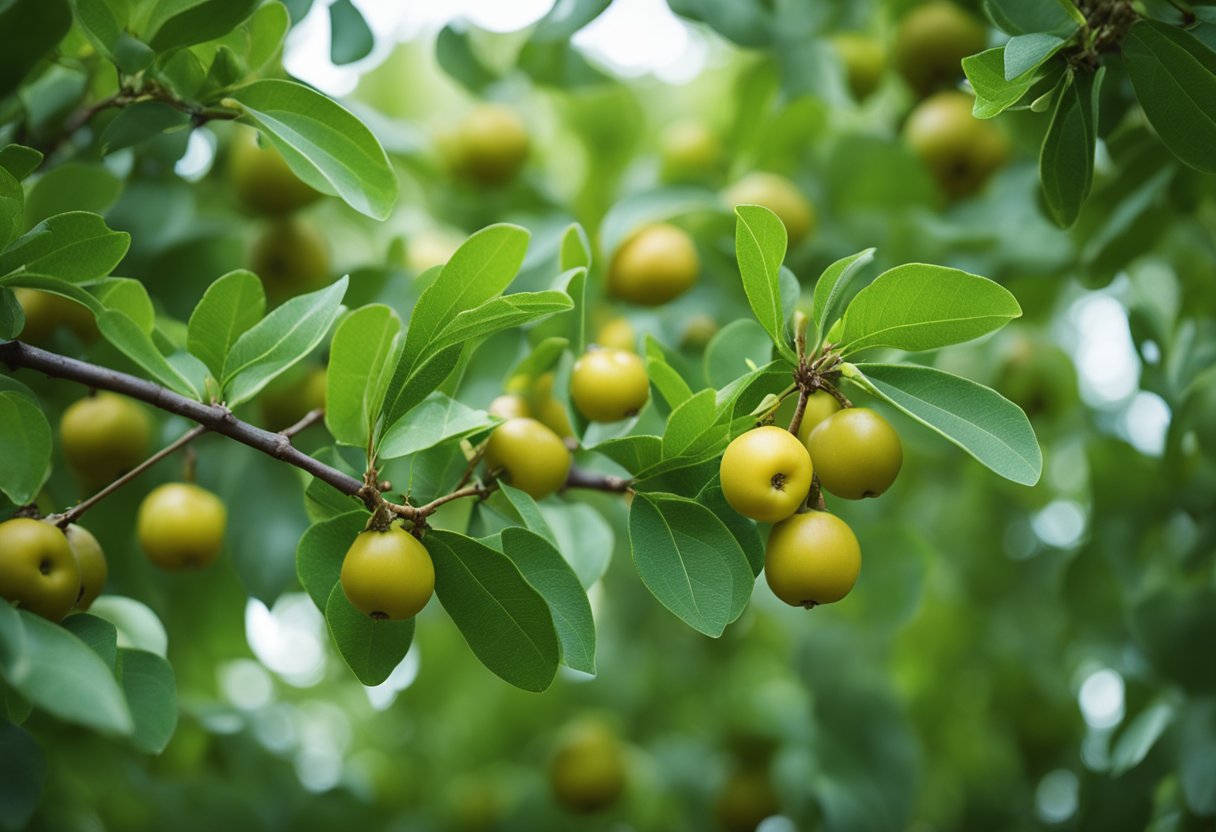 A mature jujube tree stands tall, with lush green leaves and small, round fruits hanging from its branches. The tree is the source of Qasil Powder, a popular beauty ingredient