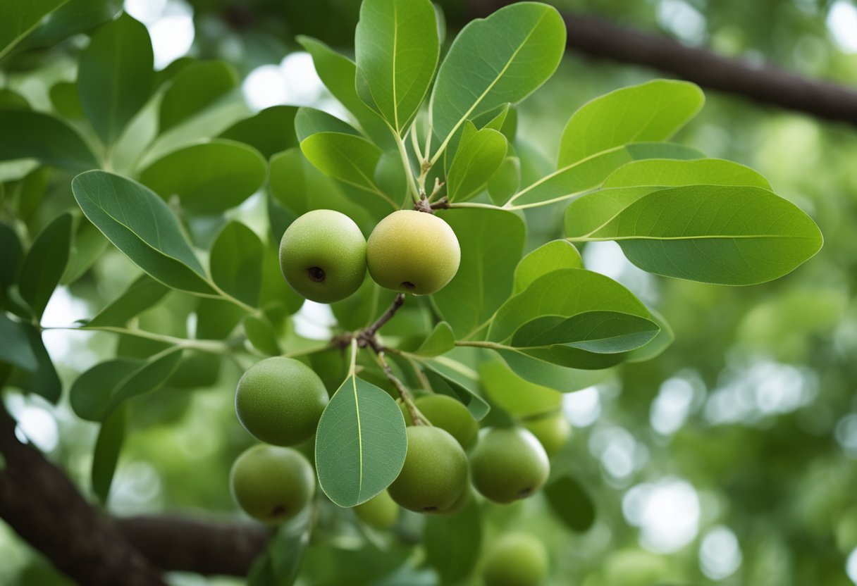 A mature jujube tree stands tall with green leaves and small, round fruits. Qasil powder is made from its dried leaves