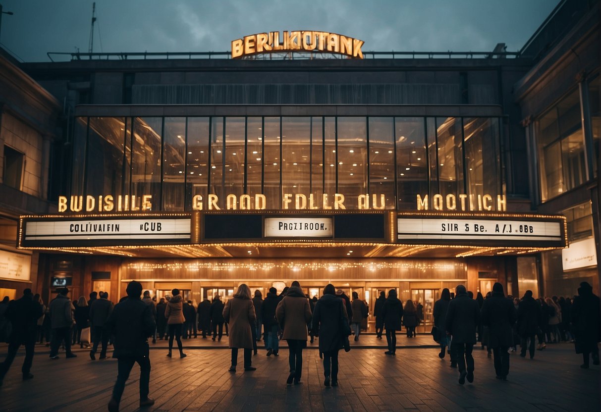 A bustling Berlin movie theater with marquee lights and a crowd of moviegoers entering the grand entrance