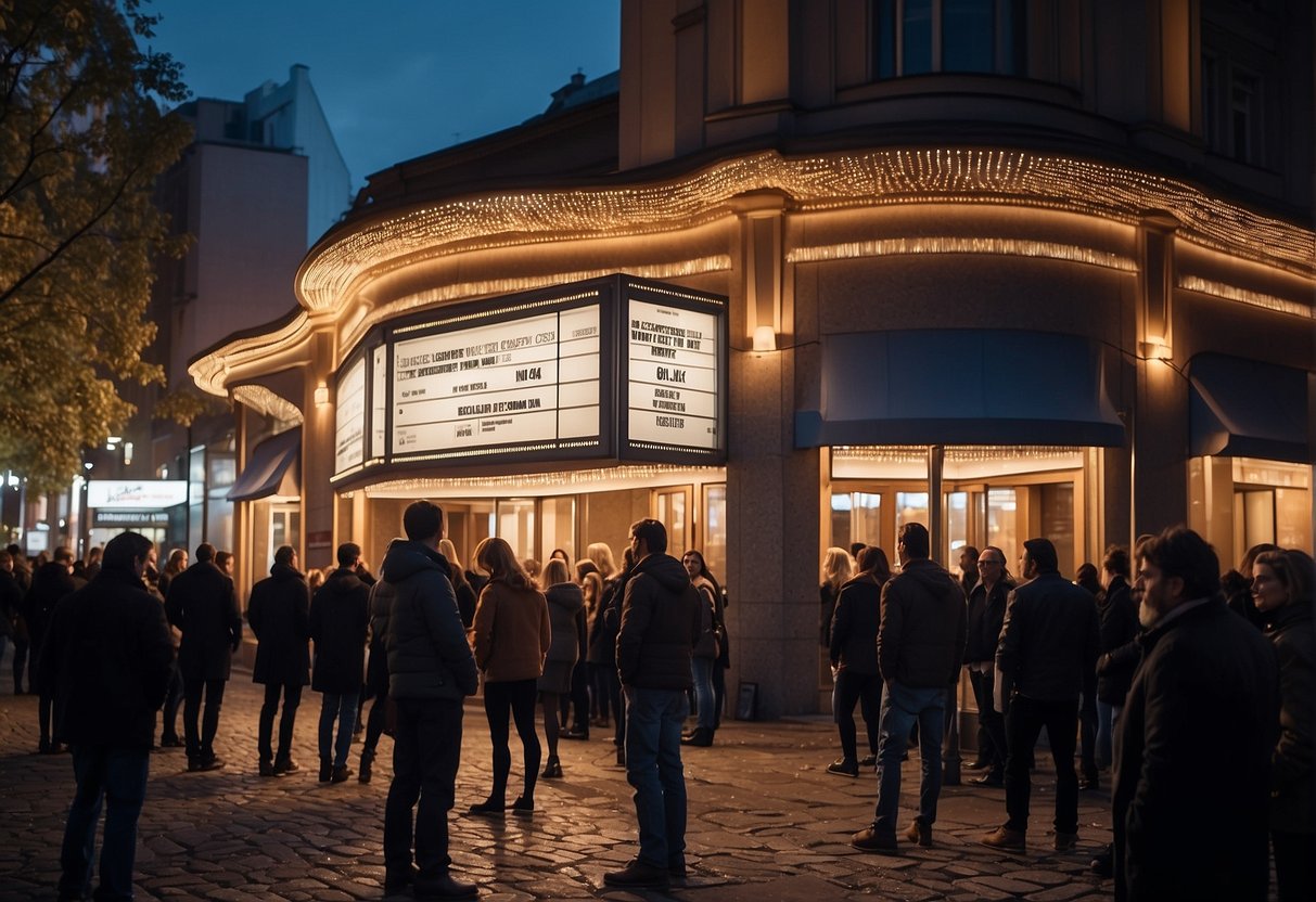 Moviegoers line up outside a modern Berlin theater. A marquee displays showtimes while people chat and check their tickets
