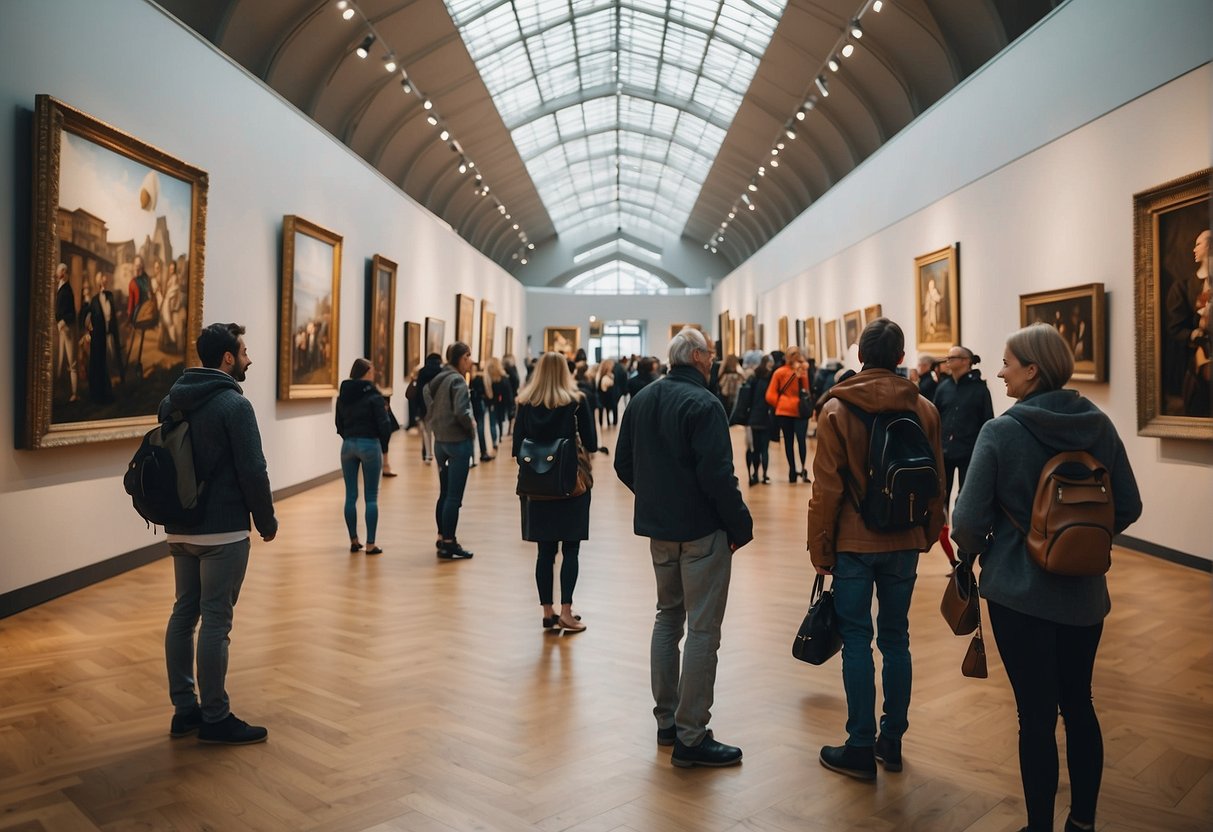 The Berlin art museum bustles with visitors, showcasing vibrant exhibitions and events. Artworks adorn the walls, while patrons mingle and admire the diverse collection