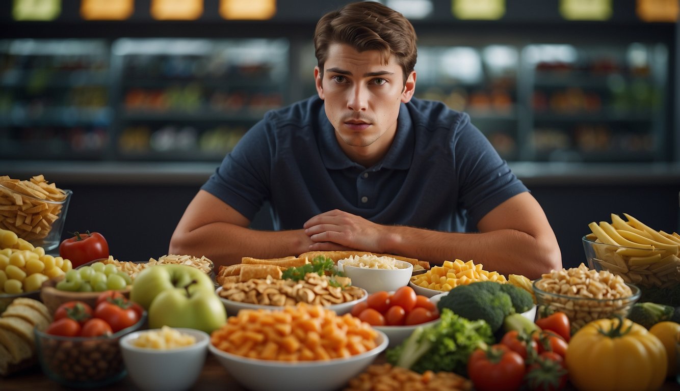 A person with a grimace holds their stomach, surrounded by healthy and unhealthy food options