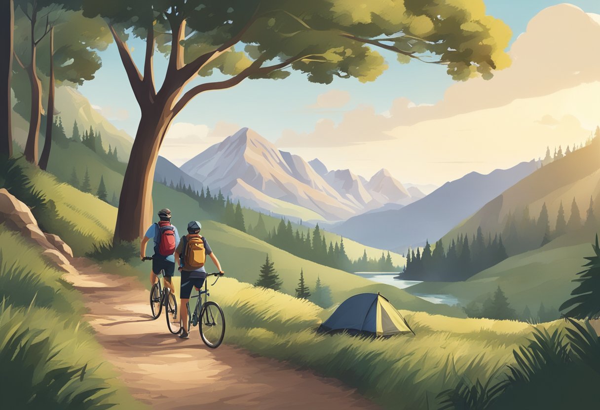 People hiking, biking, and camping in a serene natural landscape minimalist hobbies