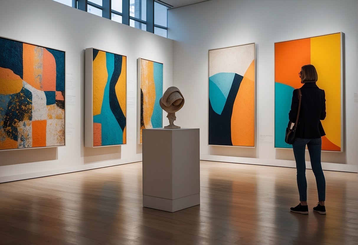 Vibrant abstract paintings displayed in a spacious, well-lit gallery at the Berlin Art Museum. A diverse collection of sculptures and installations complement the modern, minimalist aesthetic