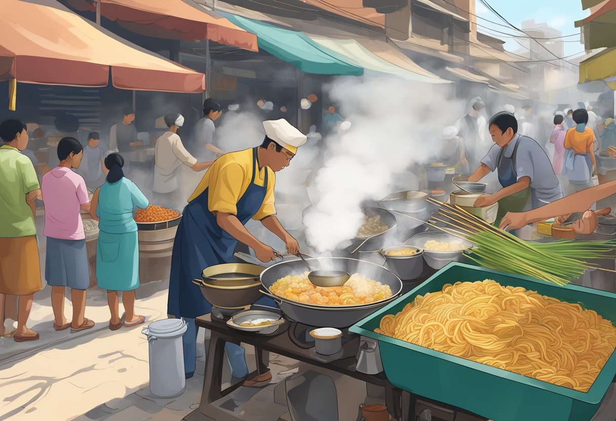 A person cooking mie ayam in a bustling street stall. Steam rises from a large pot of boiling noodles as the cook prepares the dish with various ingredients