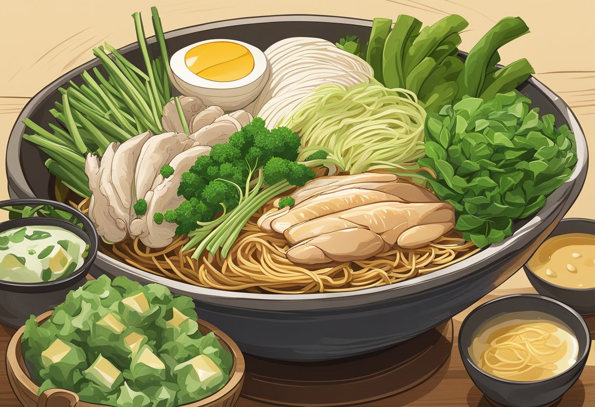 A steaming bowl of mie ayam sits on a wooden table, surrounded by fresh green vegetables and slices of succulent chicken. Steam rises from the bowl, carrying the aroma of fragrant broth and savory spices