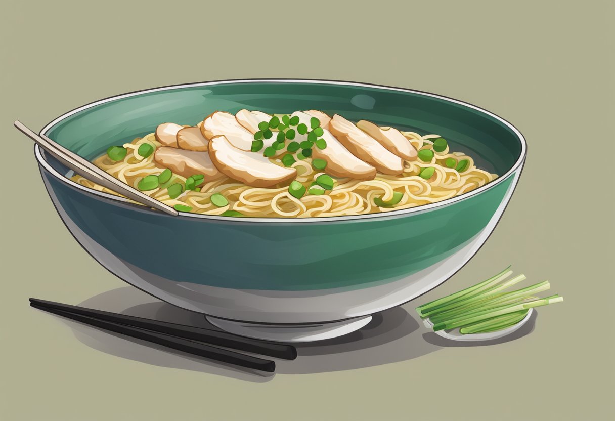 A bowl of noodles with sliced chicken, green onions, and a spoonful of broth