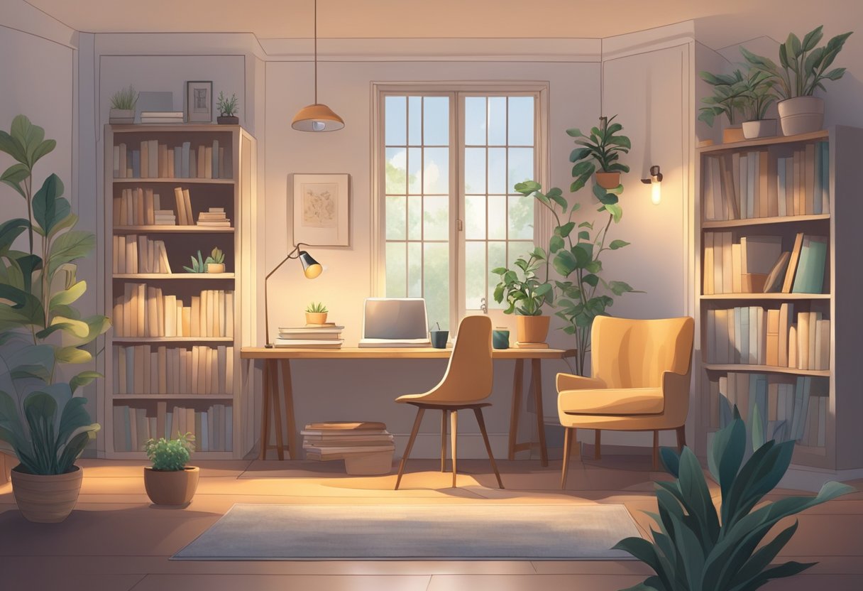 A serene study space with books, plants, and a journal. A calming area with soft lighting and a cozy chair for contemplation and creative thinking minimalist hobbies