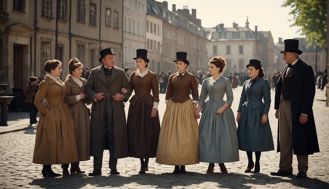 A group of people in historical clothing gather around a woman showing symptoms of hypothyroidism, such as fatigue and weight gain. The setting is a 19th-century town square with old buildings and cobblestone streets