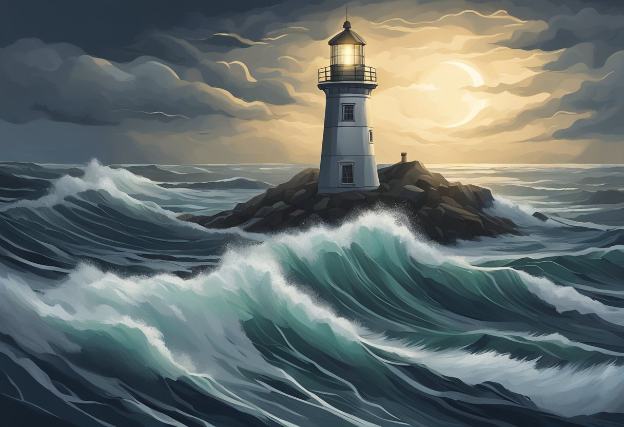 A stormy sky looms over a sturdy lighthouse, its beacon shining brightly through the darkness. The surrounding ocean churns with rough waves, but the lighthouse stands tall and unwavering, a symbol of resilience in the face of anxiety