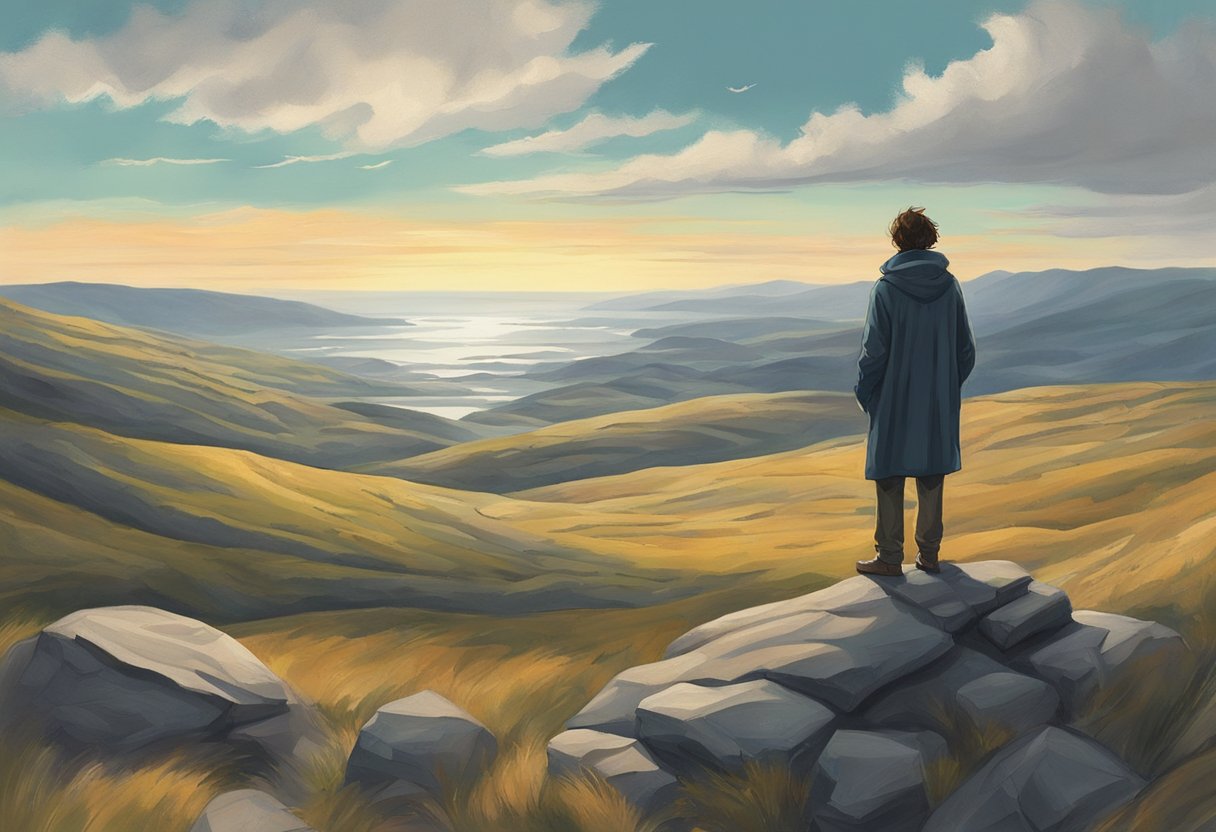 A lone figure stands on a cliff, gazing out at a vast, open landscape, as if searching for something lost. The wind whips through their hair, carrying with it a sense of nostalgia and longing. remembering who you are