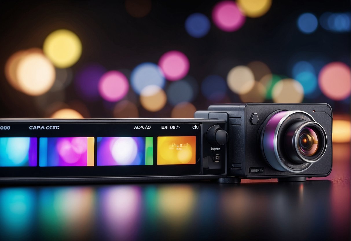 The screen shows various audio and visual effects options in Capcut, with colorful and dynamic elements swirling and pulsating