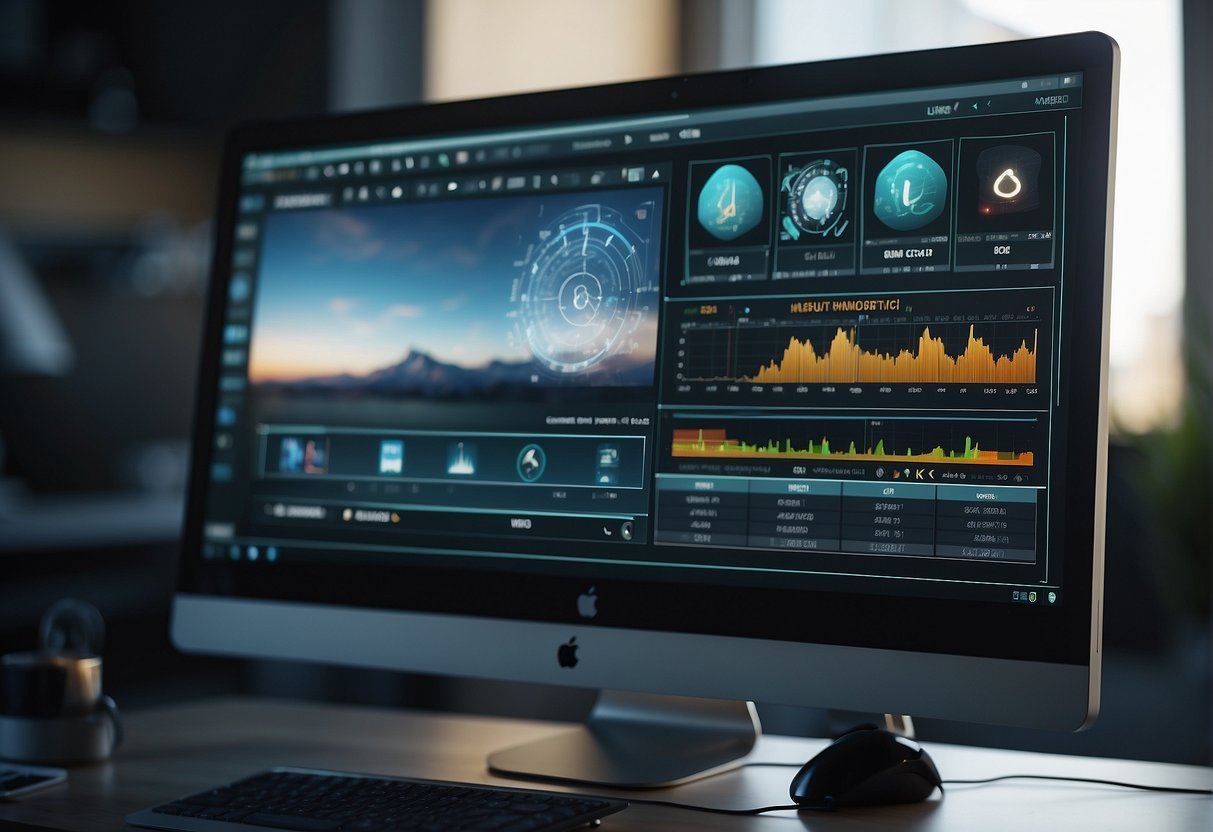 A computer screen displaying Capcut interface with video timeline, graphics library, and editing tools. Icons and buttons for adding text, stickers, and effects are visible