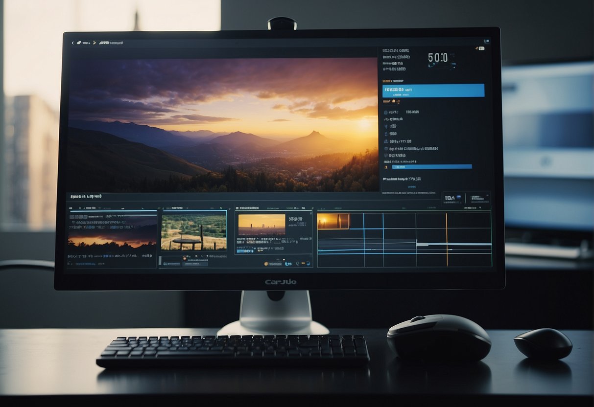 A computer screen with the Capcut interface open, showing various editing tools and a timeline with video clips. A mouse hovers over the interface, ready to make adjustments