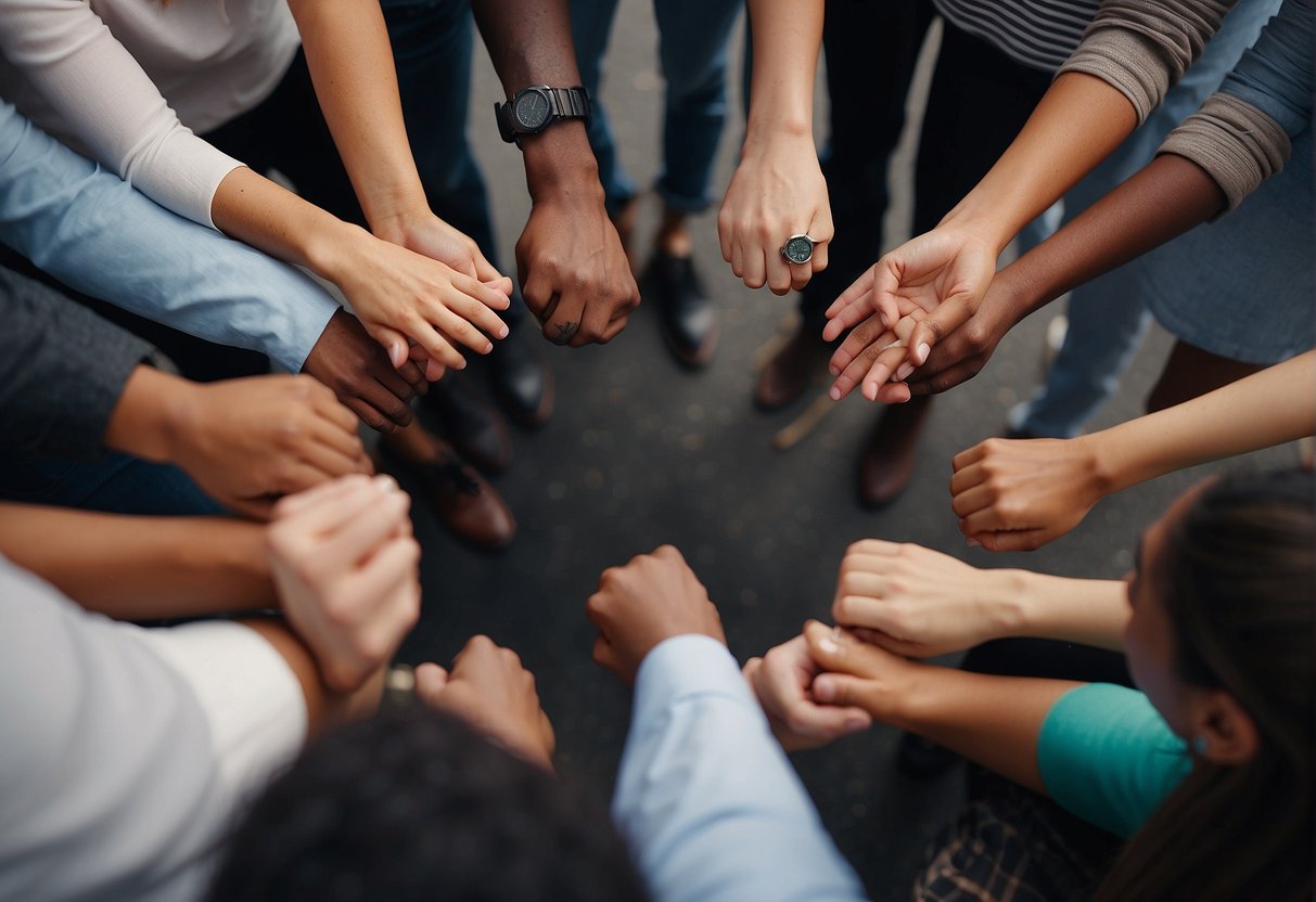A diverse group of people gather in a circle, symbolizing community and support. They are engaged in conversation, showing unity and collaboration