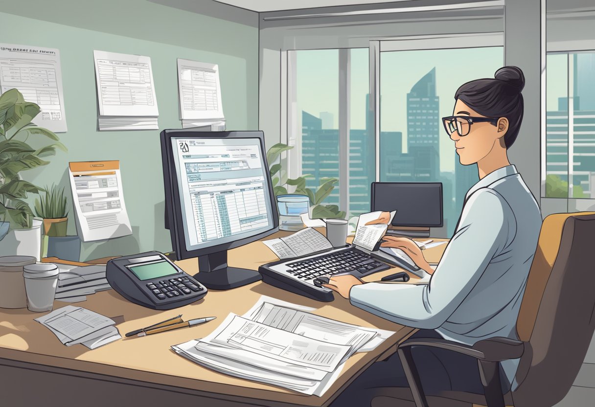 A person at a desk with a calculator, receipts, and a tax form. A computer shows "self employed tax deductions worksheet" on the screen