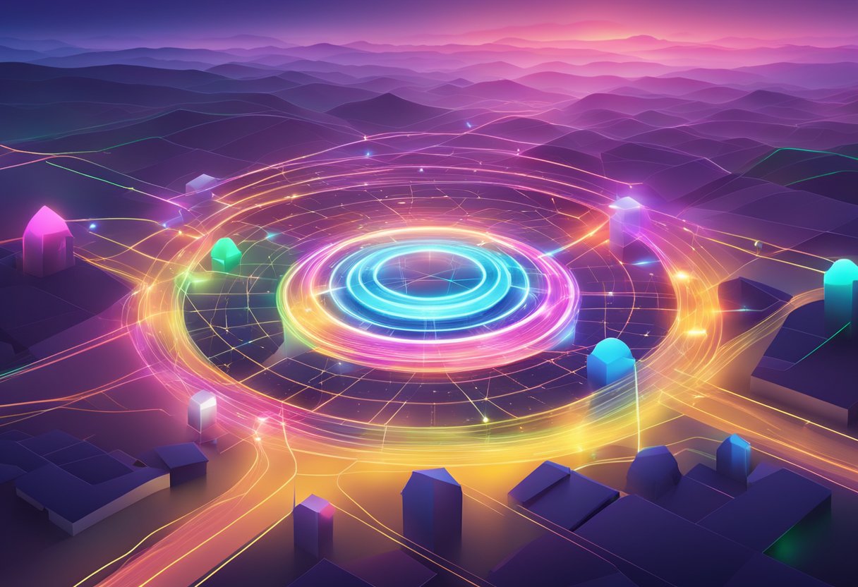 A vibrant digital landscape with interconnected nodes and a glowing NEAR Protocol logo at the center