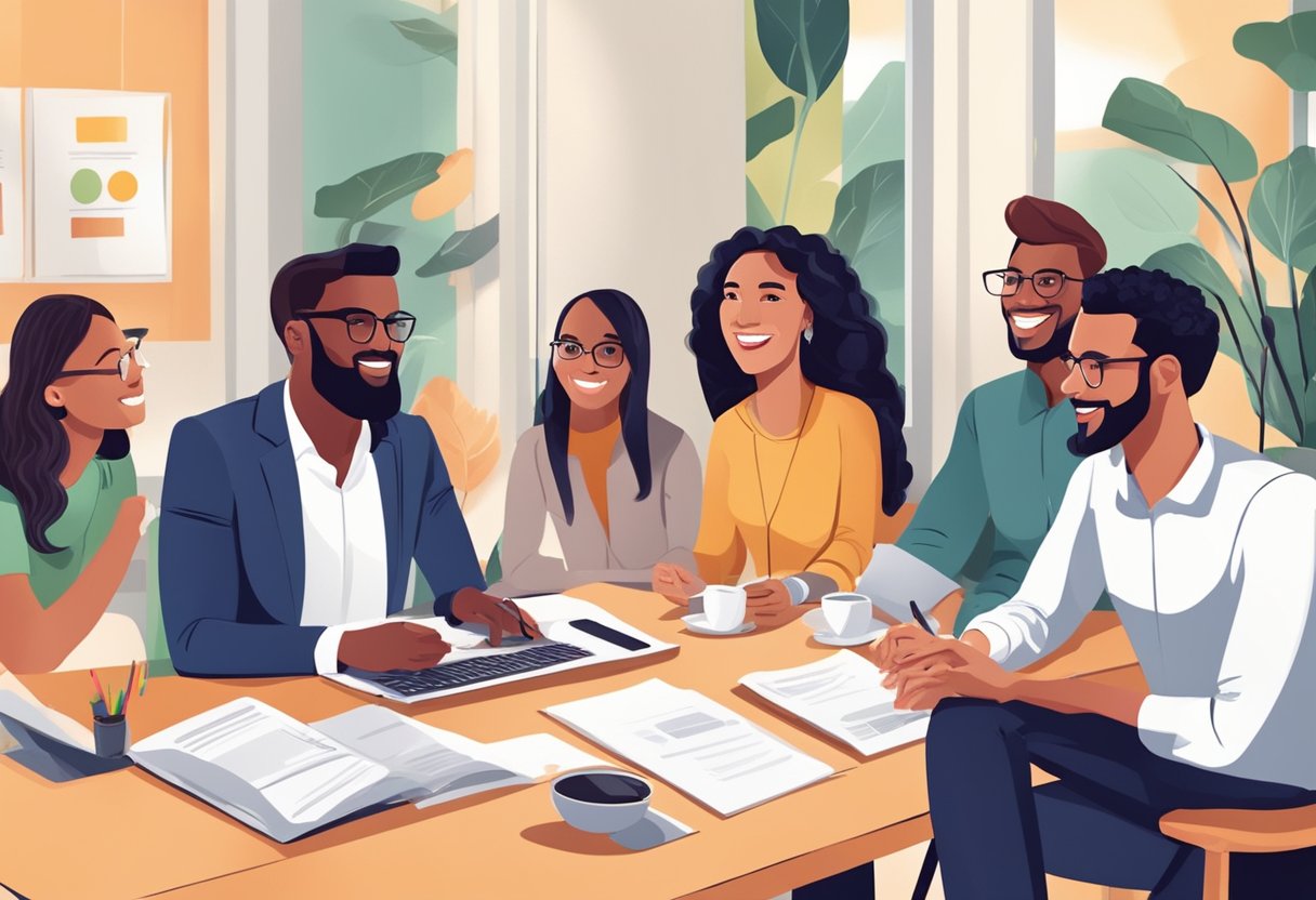 A group of diverse entrepreneurs gather around a table at national association for the self employed