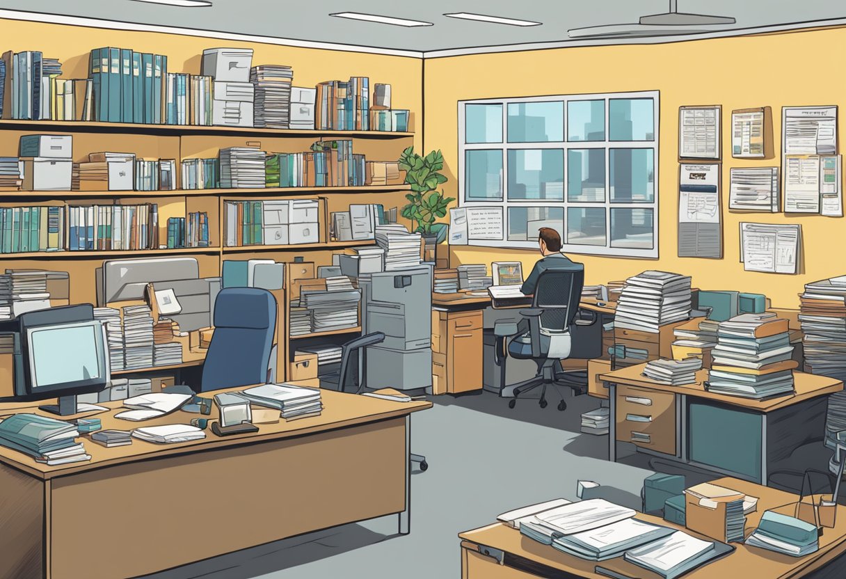 A bustling office with a sign reading "National Association for the Self Employed" and shelves filled with resources and benefits pamphlets